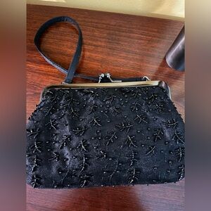 Sasha  Black Beaded Crossbody/Clutch. Kiss Lock Closure.
